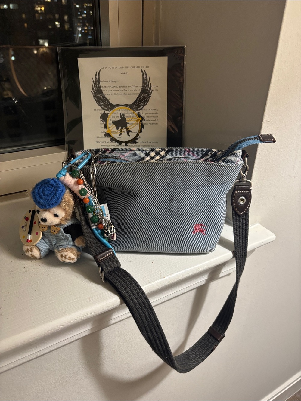 Burberry Blue Denim Crossbody Bag with Pink Logo